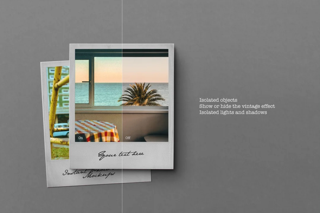 Vintage polaroid mockup with the vintage effect split on and off across one photo, second frame layered behind