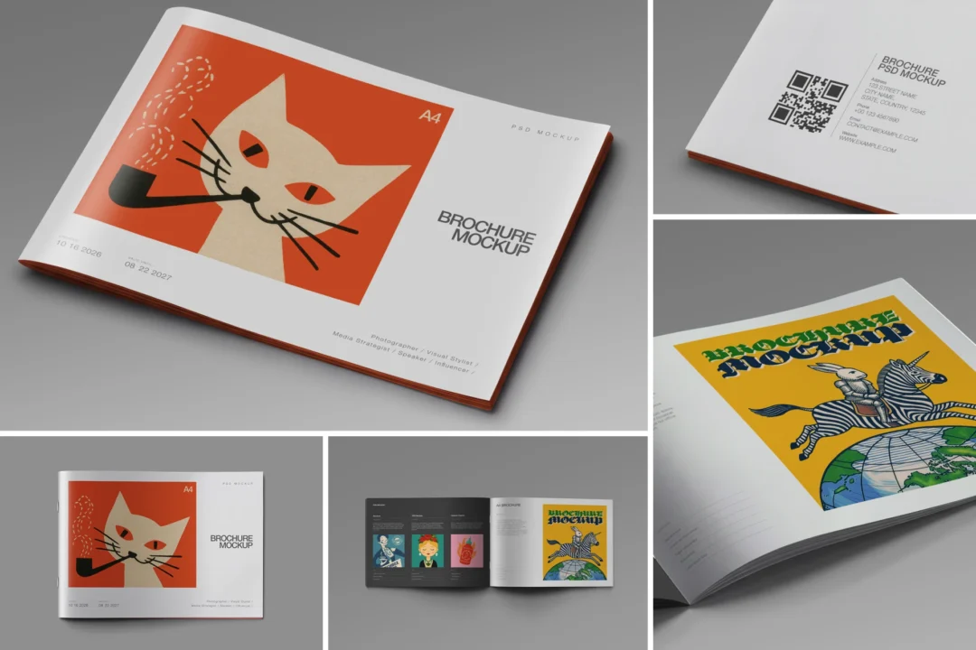 A4 brochure mockup set overview with landscape brochures in top and perspective views, covers and open spreads on gray