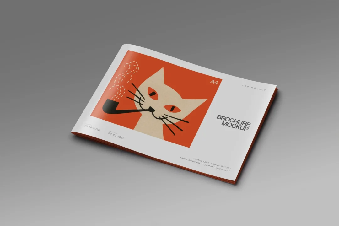 A4 brochure mockup set closed landscape front cover at an angle with stacked page edges on a gray background
