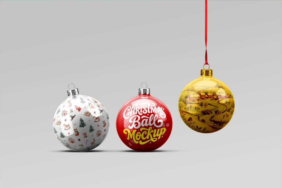 Christmas ball ornament mockup, two glossy baubles standing on gray and a gold one hanging from a red ribbon