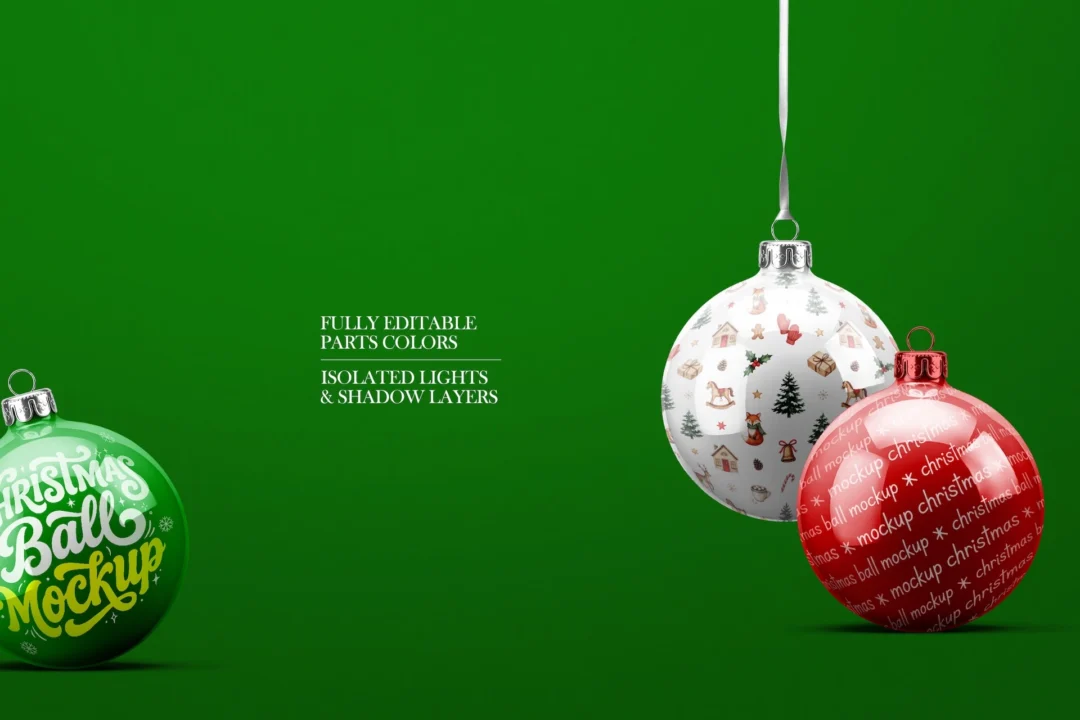 Christmas ball ornament mockup on green background, white and red baubles at right, green ball cropped at left