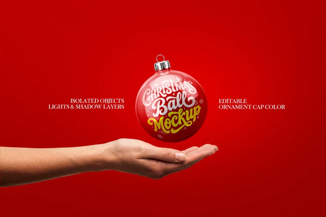 Christmas ornament mockup in hand on red background, glossy ball floating just above an outstretched open palm