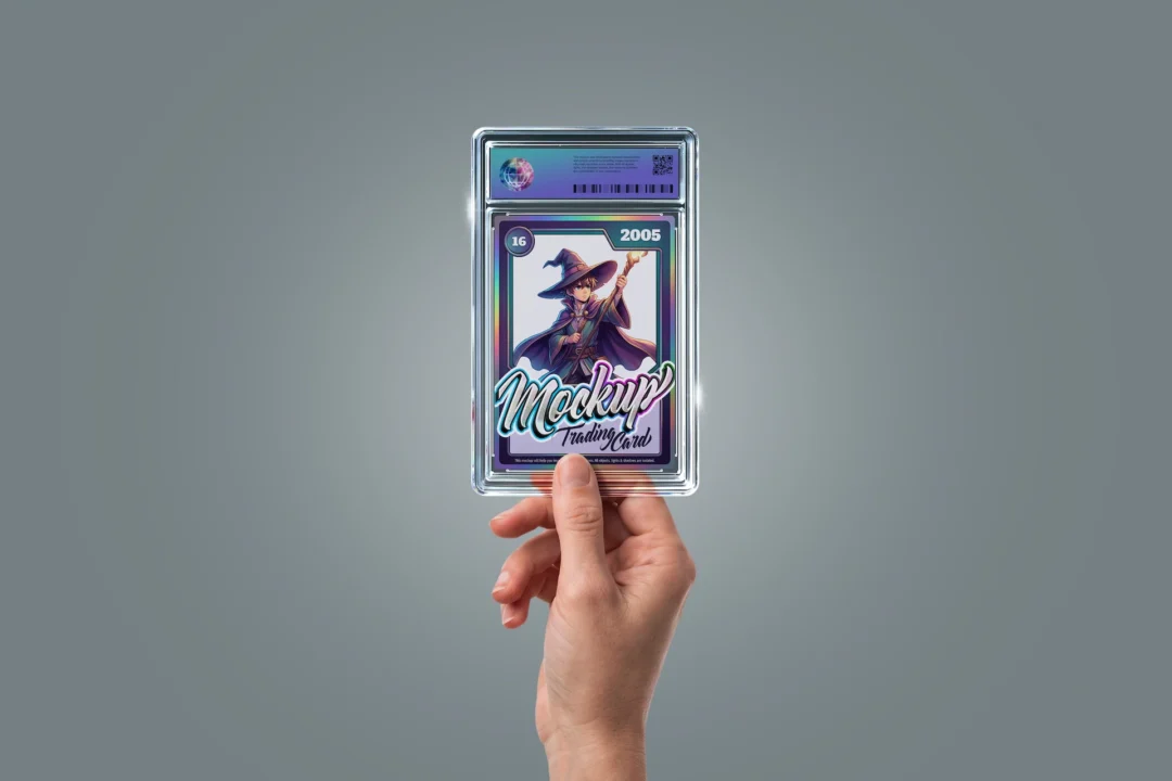 Graded card mockup in hand with a clear trading card slab held up against a gray gradient background