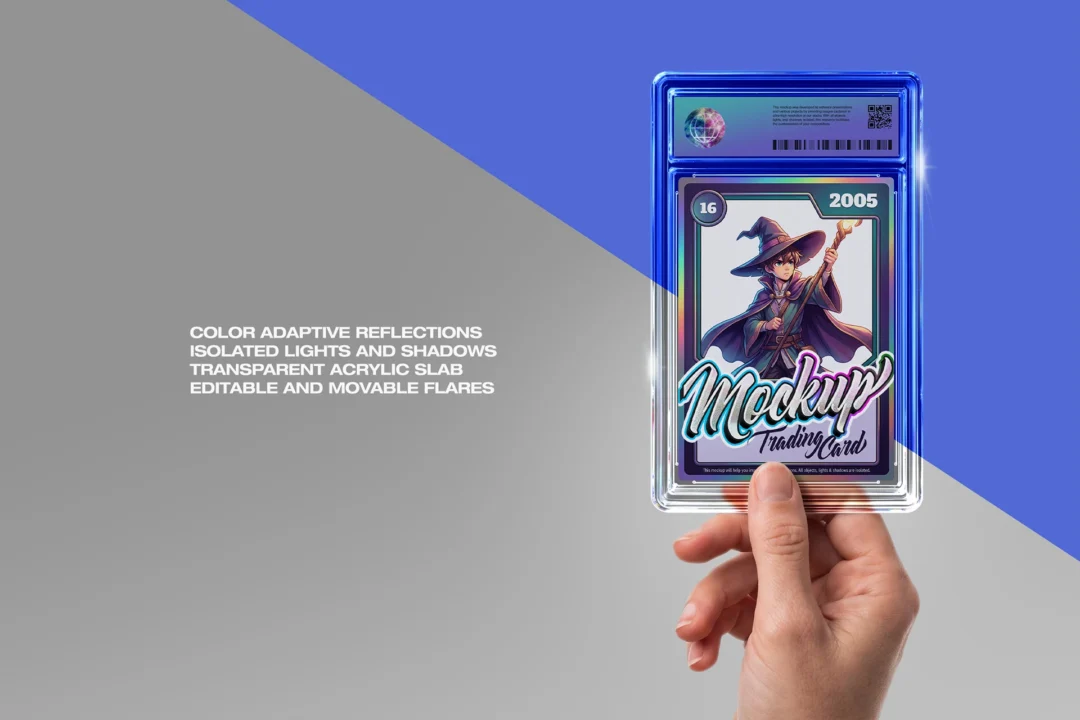 Graded card mockup in hand on a split gray and blue background, the slab tinted blue, with feature text