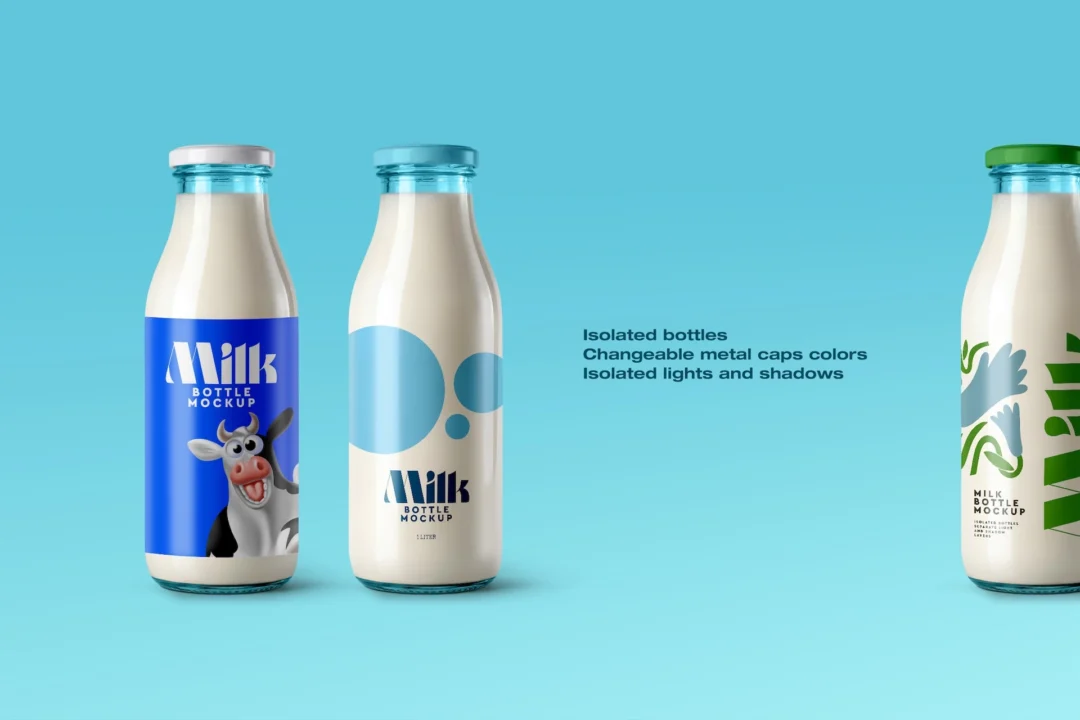 Milk bottle mockup on turquoise background with two glass bottles, a third cropped at right, and feature list text