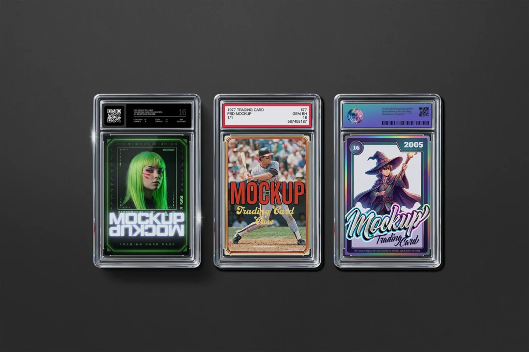 Trading card slab mockup with three graded card cases in a row on dark gray, top view