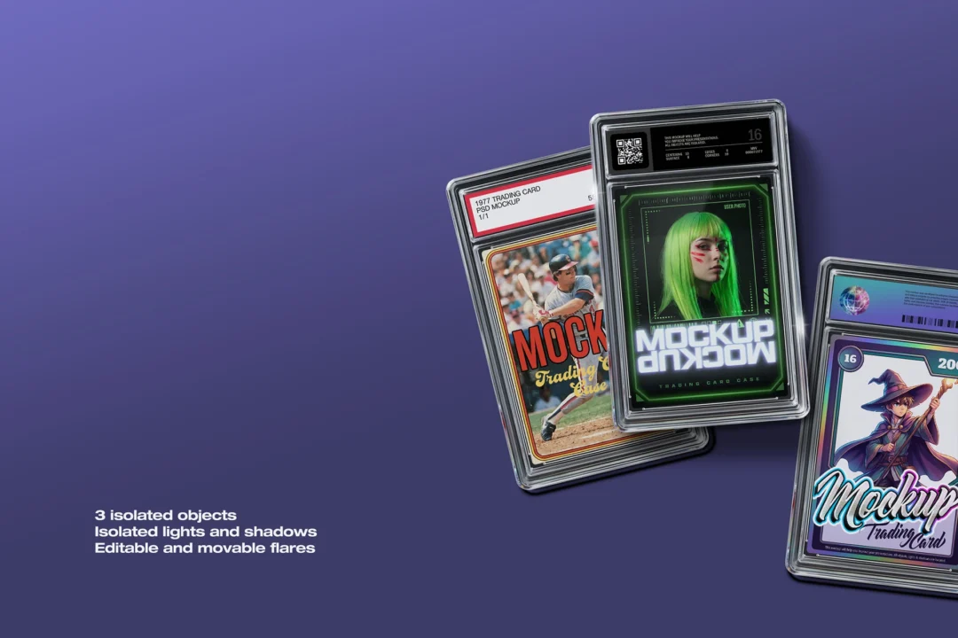 Trading card slab mockup with three graded cases overlapping at angles on a purple background with feature text