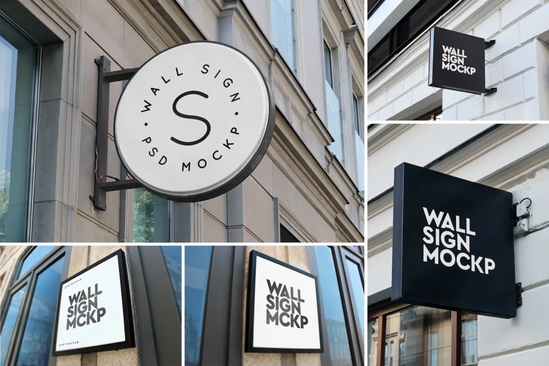 Wall sign mockup set overview showing round hanging sign, two black square projecting signs and two white framed wall signs