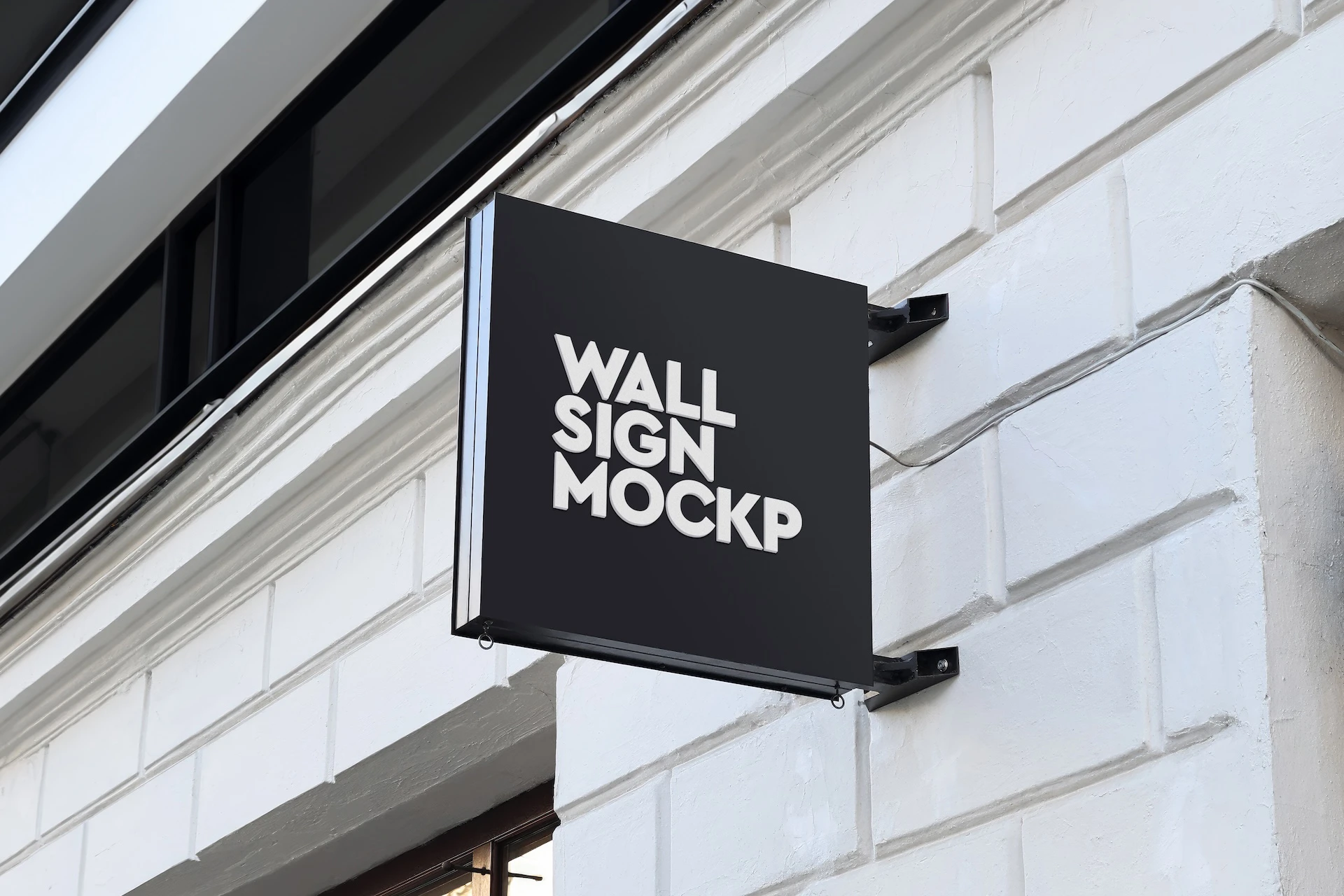 Wall sign mockup set black square projecting sign with white logo mounted on a white painted brick wall