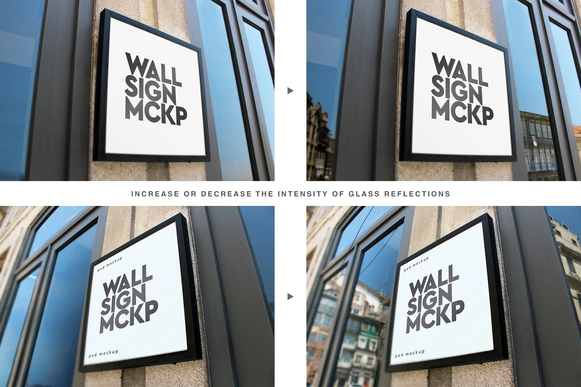 Wall sign mockup set comparison of two framed wall signs with low and high intensity glass reflections on the windows