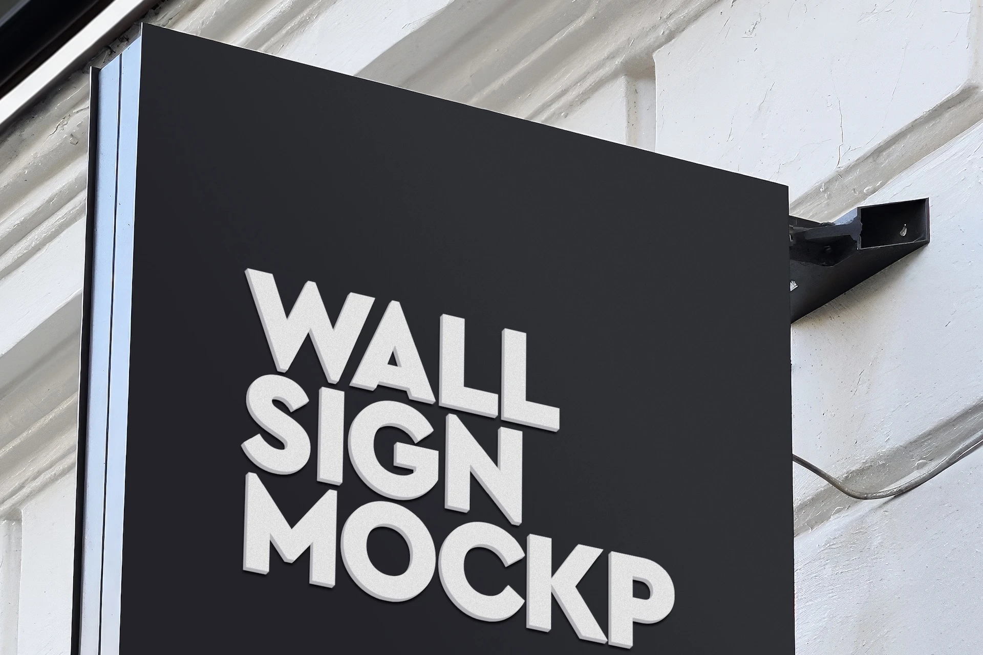 Wall sign mockup set black square hanging sign with raised white 3D extruded letters and a steel wall bracket