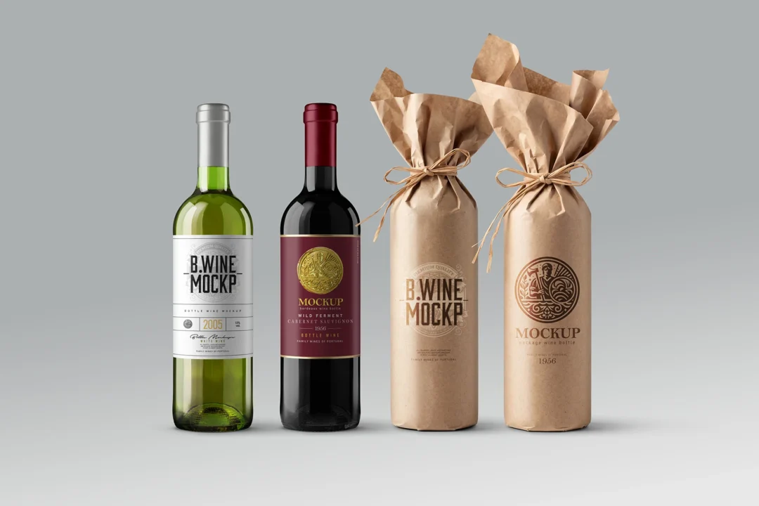 Wrapped wine bottle mockup showing green and dark Bordeaux glass bottles beside two kraft paper wrapped bottles in a row