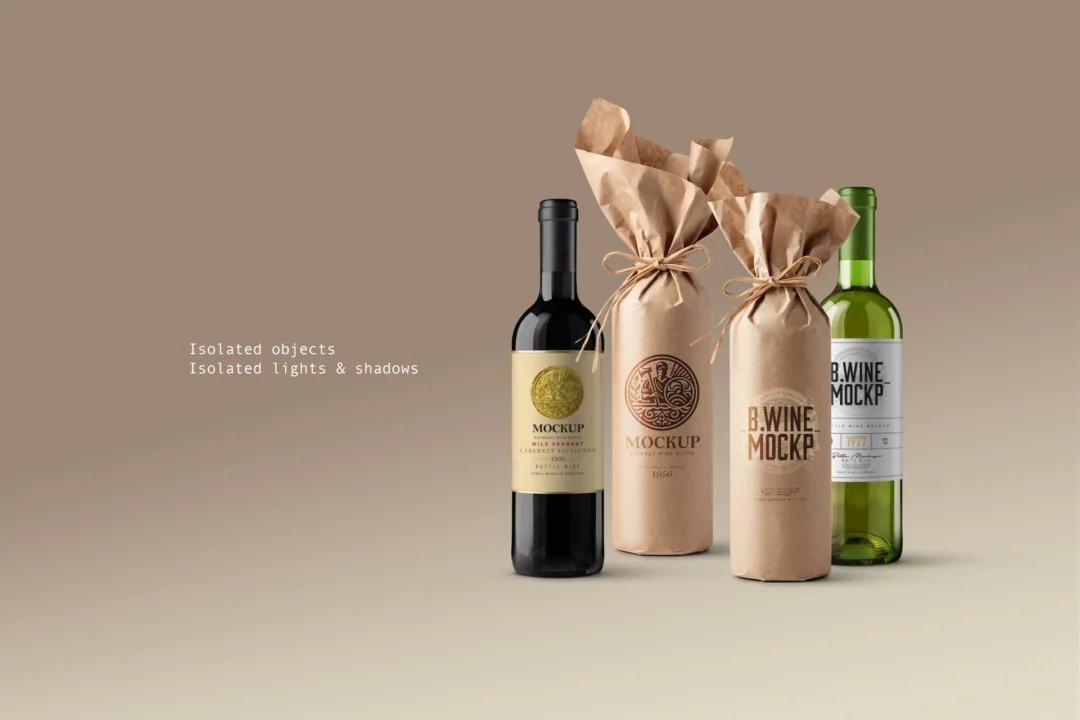 Wrapped wine bottle mockup with dark glass bottle, two kraft paper wrapped bottles and green bottle grouped on beige